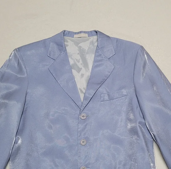 70s Vintage Falcone Jr Iridescent Blue Knit Notched Lapel Mini Blazer Dress M - Picture 3 of 12